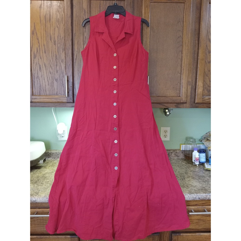 CHCS Red Cotton Sleeveless Button Front Maxi Dress Size 2 Vintage Style Collared